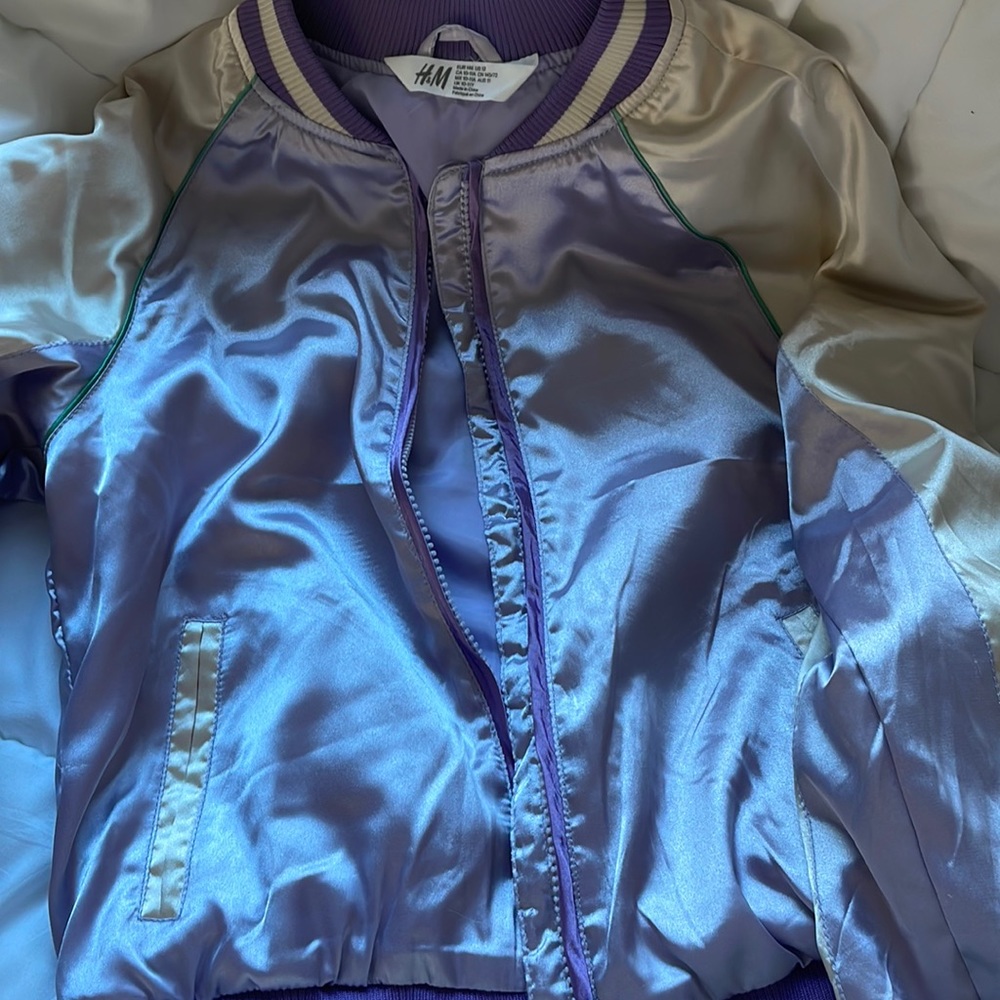 H&M sweater/jacket, texture silk, color silver and violet/ light purple